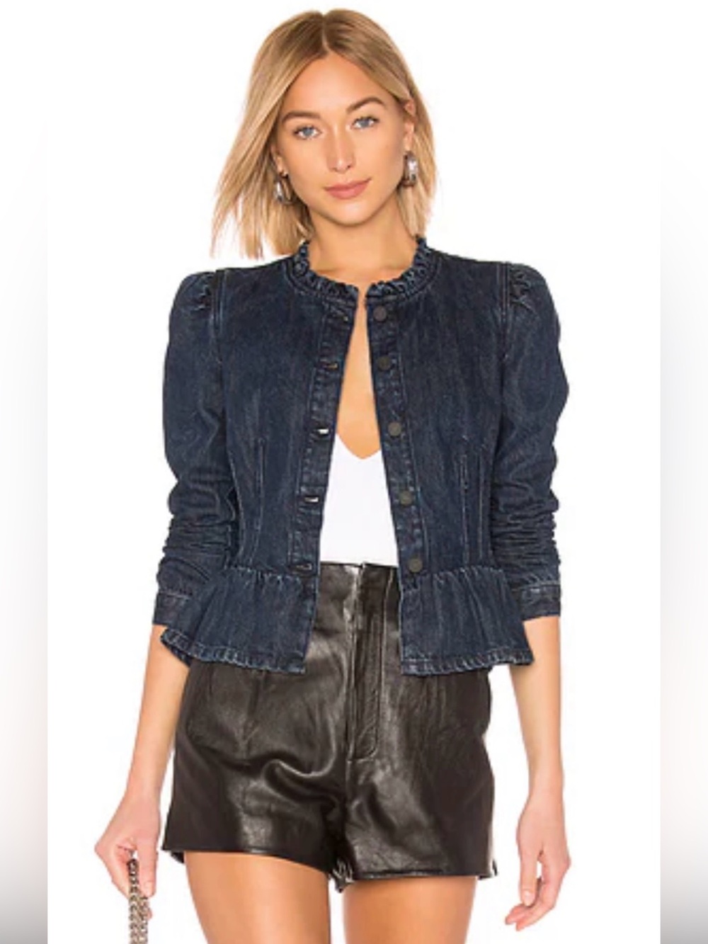Rebecca Taylor Denim Peplum Jacket in Dark Acid Blue w/ Ruffle Collar Size S EUC